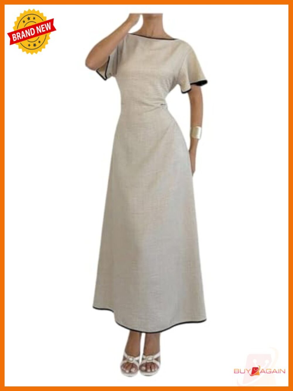 SOLY HUX Women's Tie Waist A Line Linen Maxi Dress Boat Neck Short Sleeve